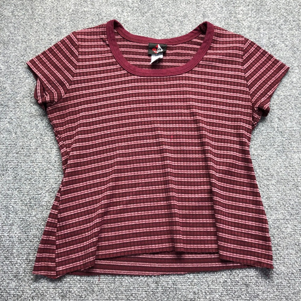 Vintage Boundary Waters Womens Medium Burgundy Striped Ribbed Knit Tee USA Made